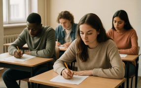 uma sala de aula fazendo uma prova, sentadas em carteiras individuais, concentradas em suas folhas