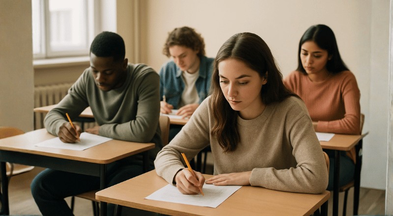 uma sala de aula fazendo uma prova, sentadas em carteiras individuais, concentradas em suas folhas