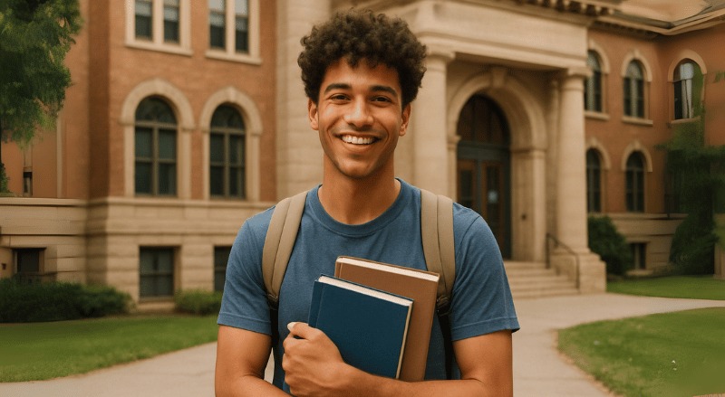 Um estudante sorridente segura seus livros em frente a uma universidade, com iluminação natural e expressão de felicidade, transmitindo entusiasmo e conquista acadêmica