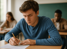 um estudante concentrado fazendo uma prova em sala de aula, com iluminação natural e ambiente realista