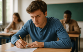 um estudante concentrado fazendo uma prova em sala de aula, com iluminação natural e ambiente realista