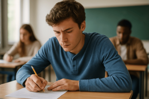 um estudante concentrado fazendo uma prova em sala de aula, com iluminação natural e ambiente realista