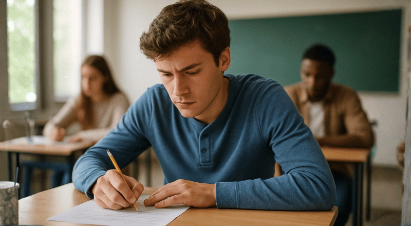 um estudante concentrado fazendo uma prova em sala de aula, com iluminação natural e ambiente realista