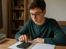 Um estudante sentado à mesa do seu quarto, concentrado enquanto usa uma calculadora