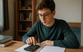 Um estudante sentado à mesa do seu quarto, concentrado enquanto usa uma calculadora