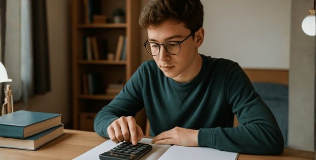 Um estudante sentado à mesa do seu quarto, concentrado enquanto usa uma calculadora