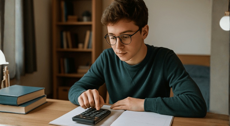Um estudante sentado à mesa do seu quarto, concentrado enquanto usa uma calculadora